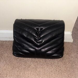 Saint Laurent Black Chevron Quilted Shoulder Bag with Tonal YSL